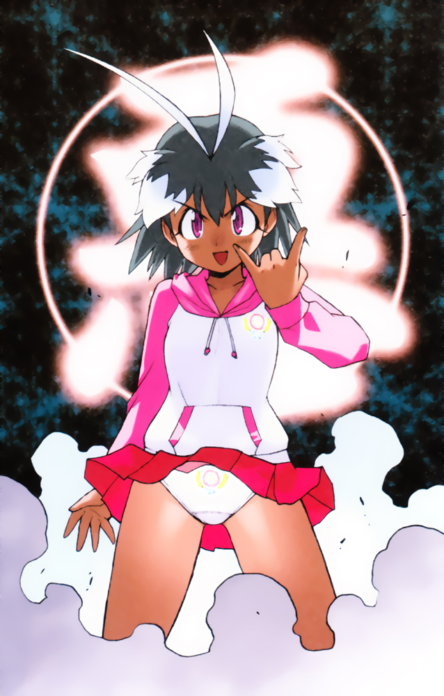 1girl, \m/, antenna_hair, arcade_gamer_fubuki, black_hair, long_sleeves, multicolored_hair, official_art