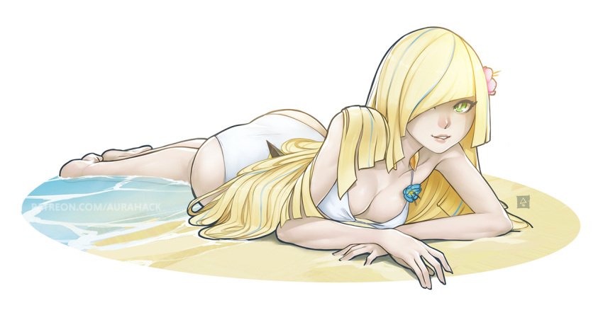 1girl, arm_support, ass, beach, bikini, blonde_hair, breasts, cleavage