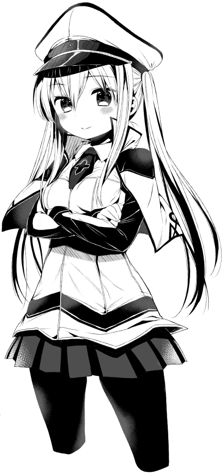 1girl, black_legwear, blush, breasts, capelet, cross, crossed_arms, graf_zeppelin_(kantai_collection)