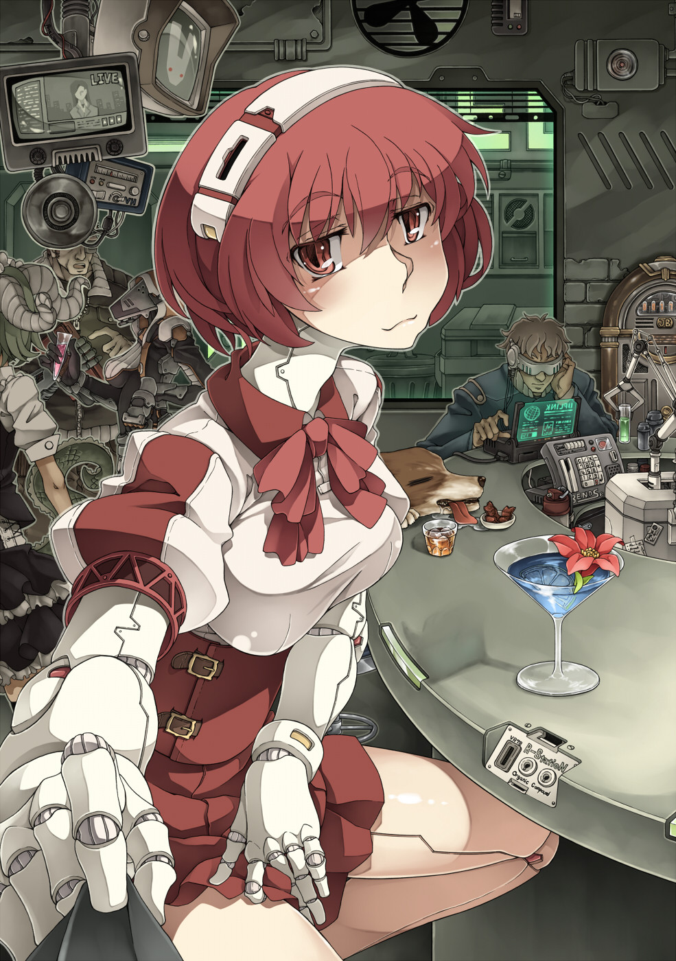 1girl, 2boys, bar_stool, between_legs, breath, brown_hair, camera, character_request
