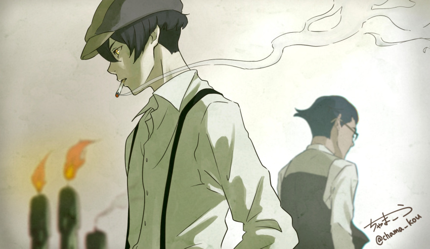 2boys, 91_days, avilio_bruno, brown_hair, candle, chama_kou, cigarette, corteo
