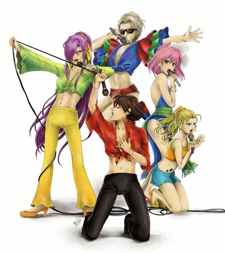 2boys, 3girls, alternate_costume, back, bare_back, blue_eyes, bracelet, brown_hair