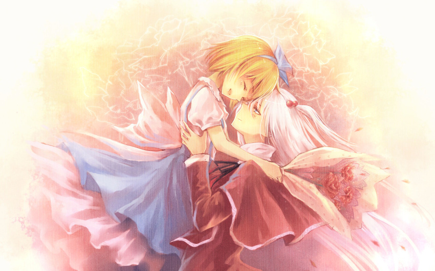 alice_margatroid, alice_margatroid_(pc-98), blonde_hair, blue_eyes, bouquet, flower, hair_bobbles, hair_ornament