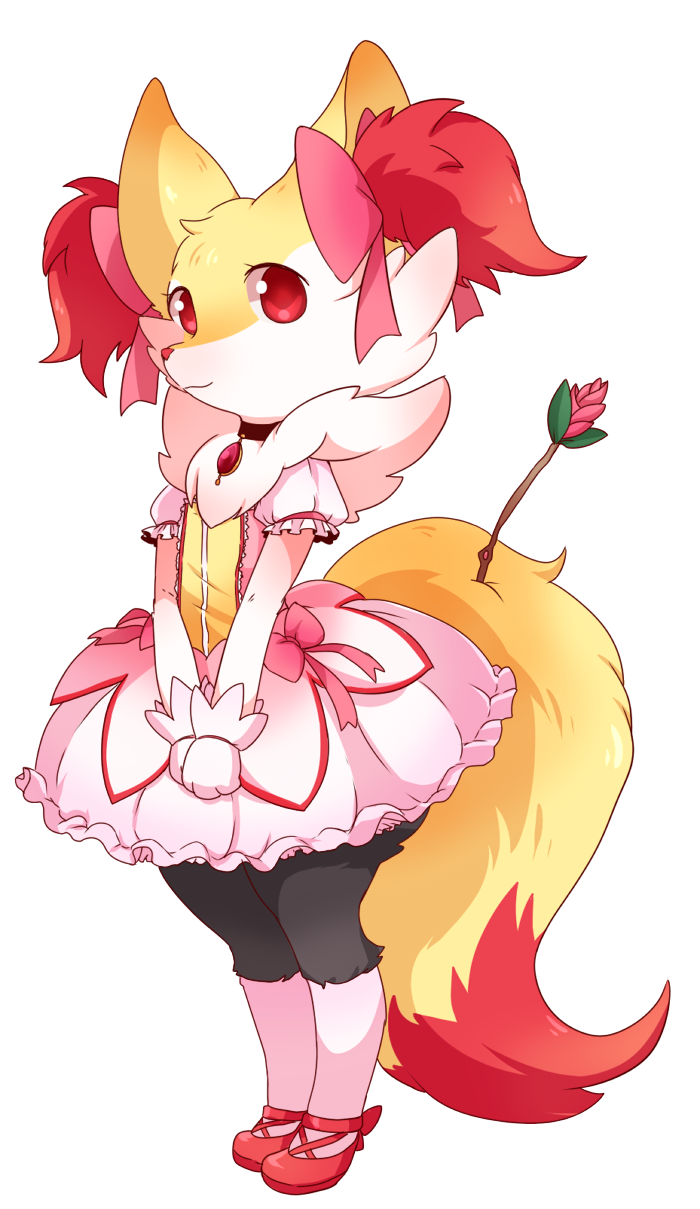 bow, braixen, dress, flower, hair_bow, highres, kaname_madoka, kaname_madoka_(cosplay)