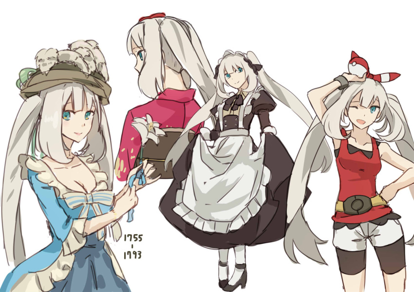 1girl, ;d, bike_shorts, breasts, character_sheet, cleavage, dress, fate/grand_order