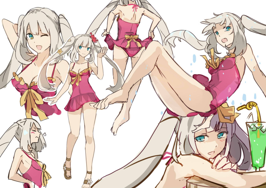 1girl, :d, ;d, arm_behind_head, ass, back, breasts, character_sheet