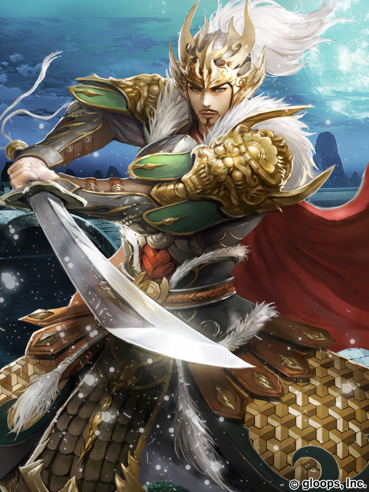 1boy, armor, blue_eyes, blue_sky, bridge, facial_hair, fighting_stance, helmet, japanese_armor, kei1115, looking_at_viewer, male_focus, moon, mustache, official_art, outdoors, red_cape, sangokushi_battle, shoulder_armor, sky, solo, standing, sword, vambraces, watermark, weapon