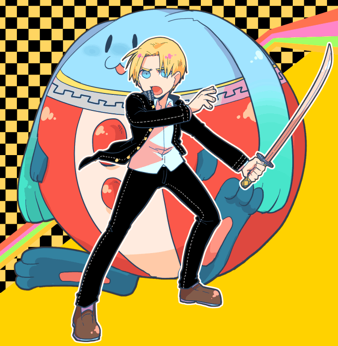 1boy, :o, black_pants, blonde_hair, blue_eyes, brown_shoes, claude_kenni, cosplay