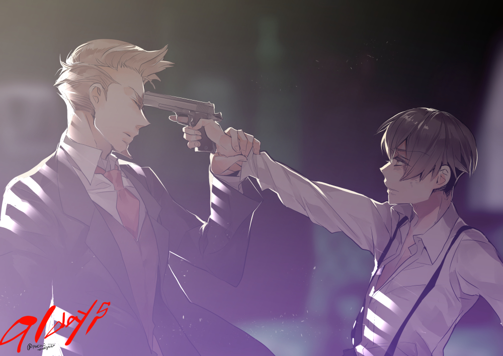 2boys, 91_days, avilio_bruno, brown_hair, closed_eyes, copyright_name, edoya_pochi, facial_hair