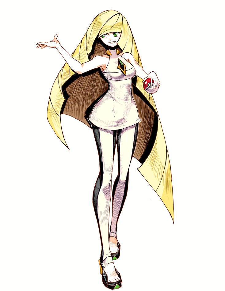1girl, blonde_hair, full_body, genzoman, green_eyes, long_hair, lusamine_(pokemon), open_toe_shoes