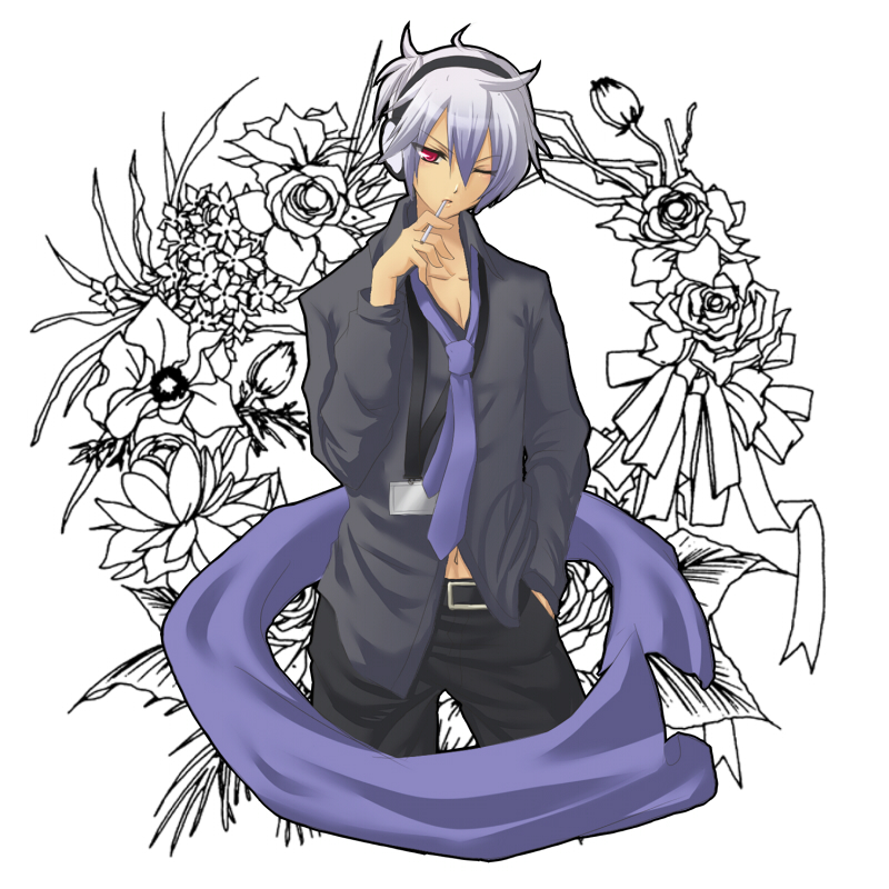 card, card_pendant, cigarette, flower, hand_in_pocket, headphones, honne_dell, male