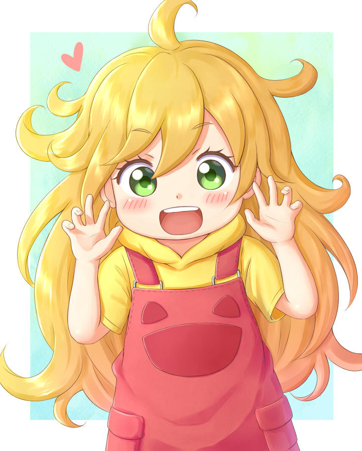 1girl, :d, ahoge, amaama_to_inazuma, aqua_background, blonde_hair, blush, green_eyes