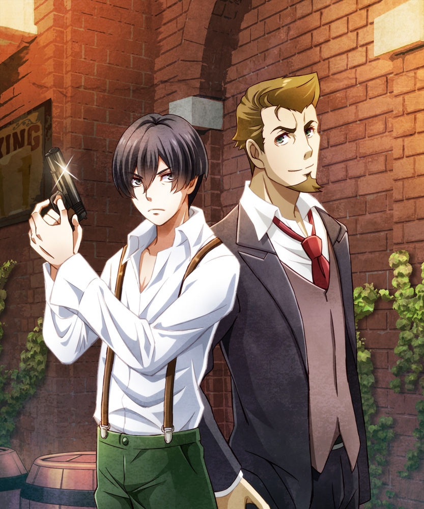 2boys, 91_days, avilio_bruno, barrel, black_hair, brick_wall, cowboy_shot, facial_hair
