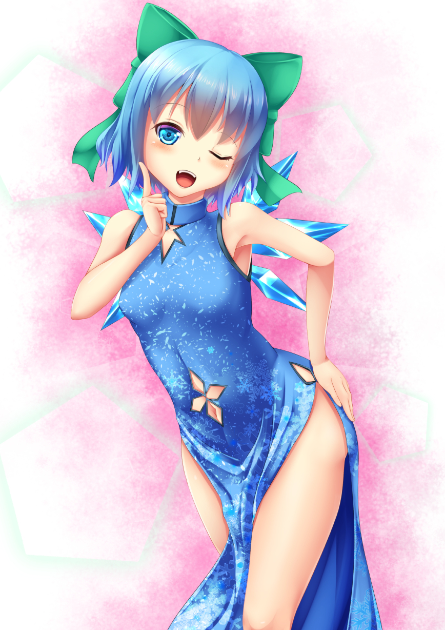 1girl, ;d, alternate_costume, armpits, bare_arms, bare_legs, bare_shoulders, blue_dress