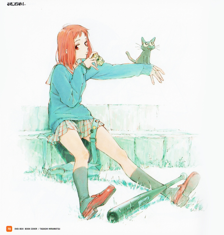 1girl, =3, bag, baseball_bat, black_legwear, brown_eyes, camera, cat, flcl, full_body, highres, hiramatsu_tadashi, holding, holding_camera, kneehighs, loafers, looking_at_viewer, messenger_bag, official_art, outstretched_arm, plaid, plaid_skirt, pursed_lips, redhead, samejima_mamimi, scan, school_uniform, shoes, short_hair, shoulder_bag, sitting, sitting_on_stairs, skirt, solo, stairs, takkun_(flcl)