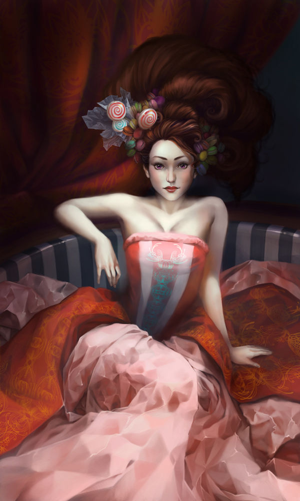 1girl, bare_shoulders, blush, breasts, brown_eyes, brown_hair, candy, cleavage