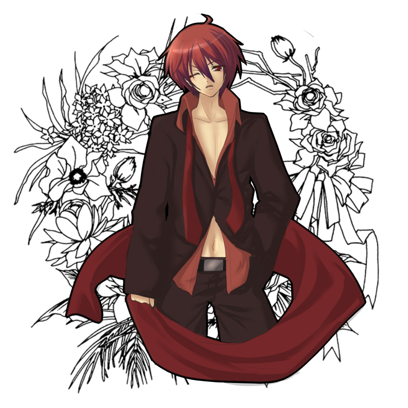 akaito, belt, flower, hand_in_pants, male, minoru, necktie, red_eyes