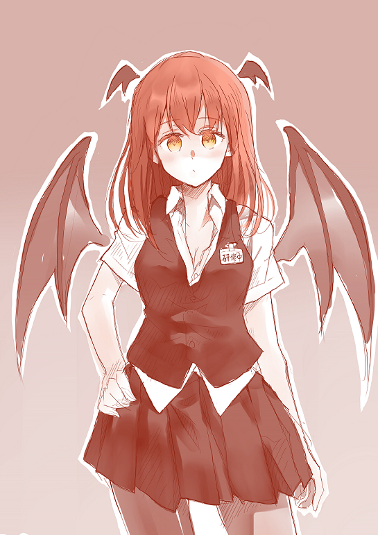 1girl, :/, bat_wings, blush, breasts, cleavage, closed_mouth, collared_shirt, contrapposto, demon_wings, dress_shirt, hand_on_hip, head_wings, koakuma, looking_at_viewer, miniskirt, name_tag, open_clothes, outline, pantyhose, redhead, sawaya_(mizukazu), shirt, skirt, skirt_set, solo, touhou, translation_request, vest, white_shirt, wings, yellow_eyes