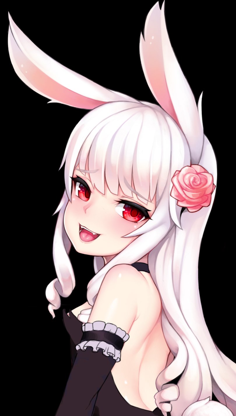 1girl, animal_ears, bare_shoulders, dress, elbow_gloves, elin_(tera), flower, from_behind, gloves, grimgrim, hair_flower, hair_ornament, highres, long_hair, looking_back, open_mouth, rabbit_ears, red_eyes, silver_hair, smile, solo, strapless, strapless_dress, tail, tera_online, upper_body