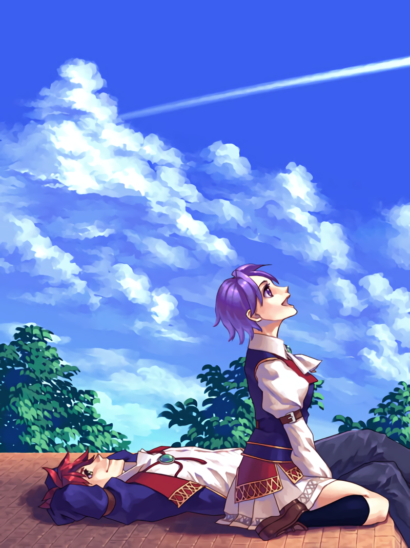 1boy, 1girl, black_legwear, clouds, eiyuu_densetsu, klose_rinz, kneehighs, lechter_arundel