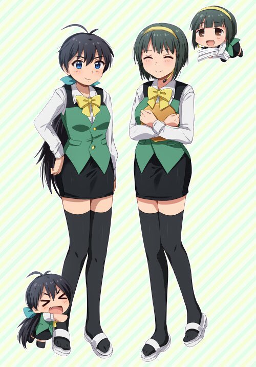 >_<, 4girls, :d, ^_^, ahoge, alternate_costume, alternate_hairstyle, antenna_hair, black_hair, black_legwear, black_skirt, breasts, chibi, chibiki, closed_eyes, cosplay, fang, floating, ganaha_hibiki, green_hair, hair_ribbon, hairband, headset, hiiringu, holding, holding_paper, holding_tray, idolmaster, idolmaster_million_live!, jewelry, long_hair, long_sleeves, looking_at_viewer, low_ponytail, medium_breasts, microphone, multiple_girls, object_hug, open_mouth, otonashi_kotori, otonashi_kotori_(cosplay), pencil_skirt, piyopiyo, ponytail, puchimasu!, ribbon, short_hair, skirt, small_breasts, smile, thigh-highs, tray