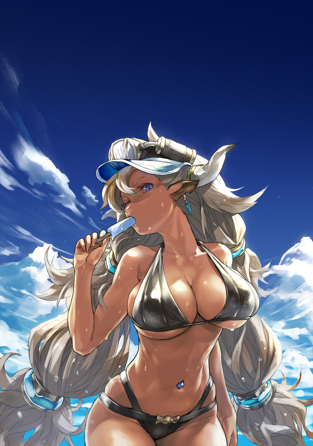 1girl, almeida_(granblue_fantasy), animal_ears, bare_shoulders, bikini, black_bikini, blue_eyes, breasts