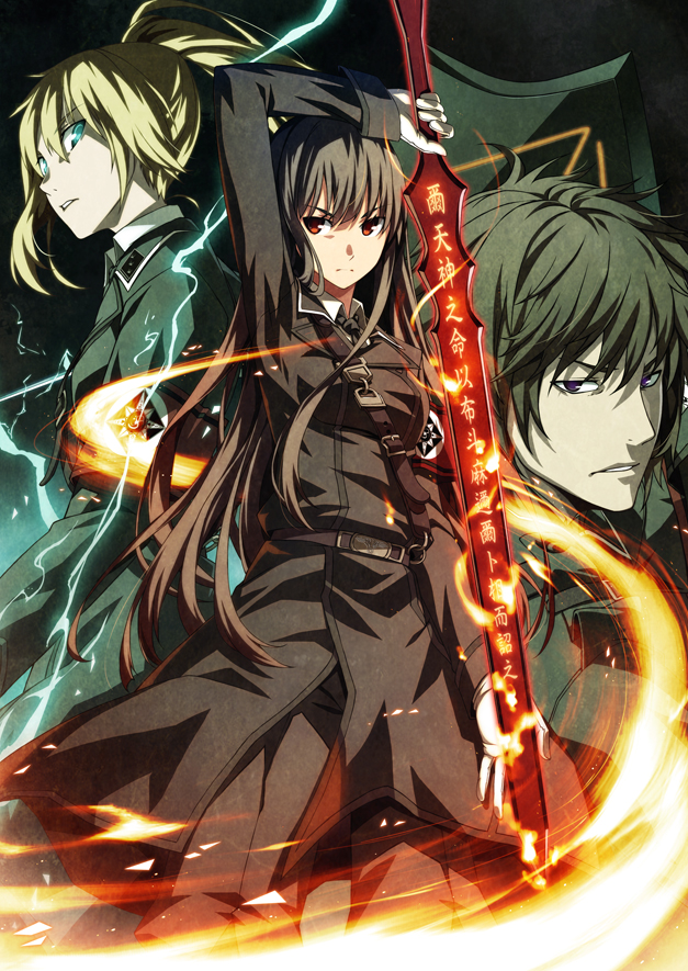 1boy, 2girls, black_hair, blonde_hair, blue_eyes, dies_irae, goetz_von_berlichingen, kimura_(ykimu)