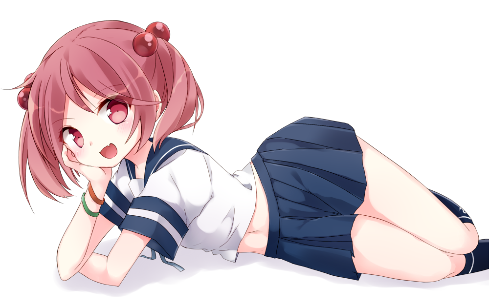 1girl, black_legwear, black_skirt, brown_eyes, brown_hair, hair_bobbles, hair_ornament, kantai_collection
