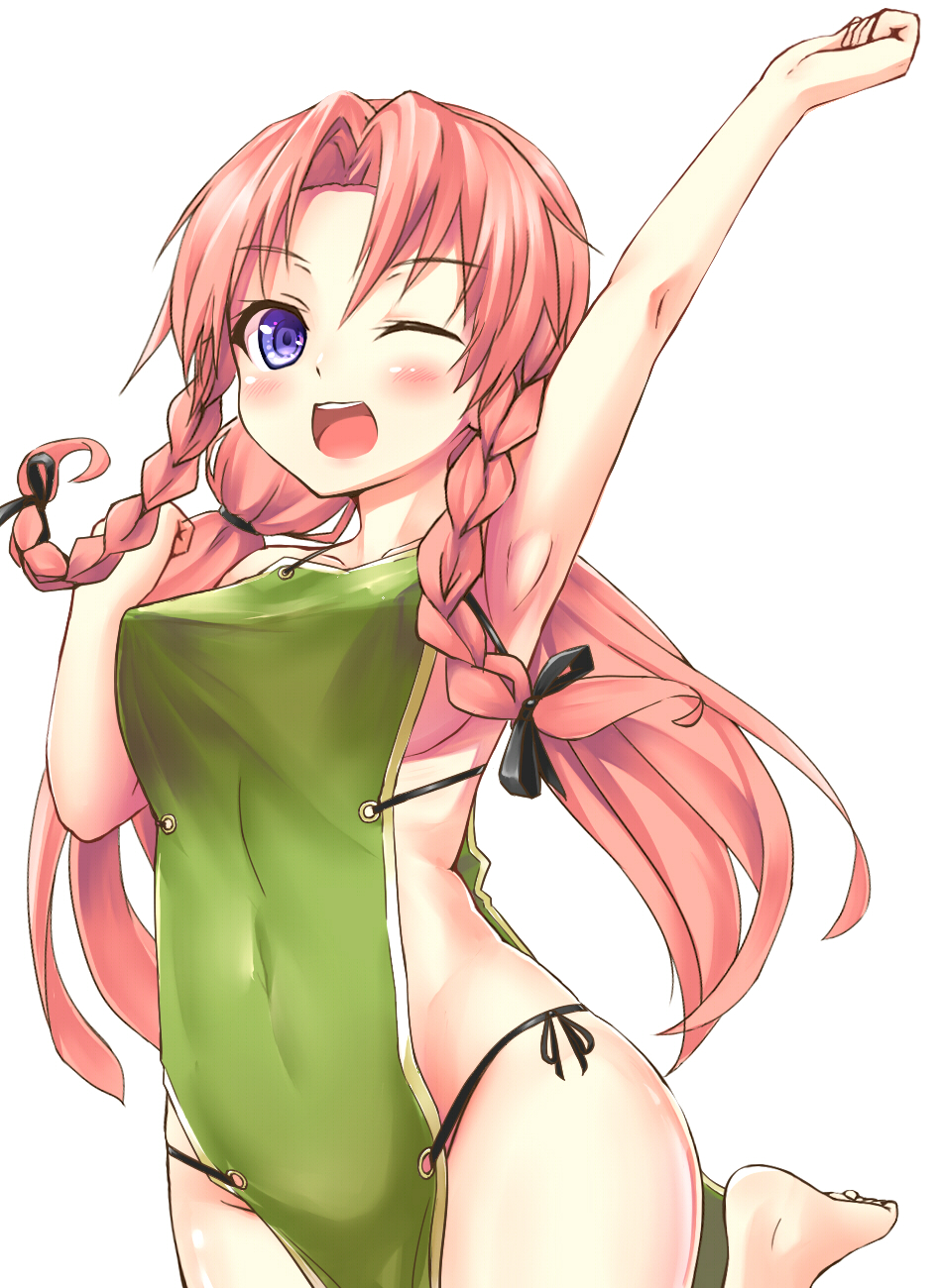 1girl, alternate_costume, alternate_hairstyle, arm_up, armpits, barefoot, blue_eyes, blush