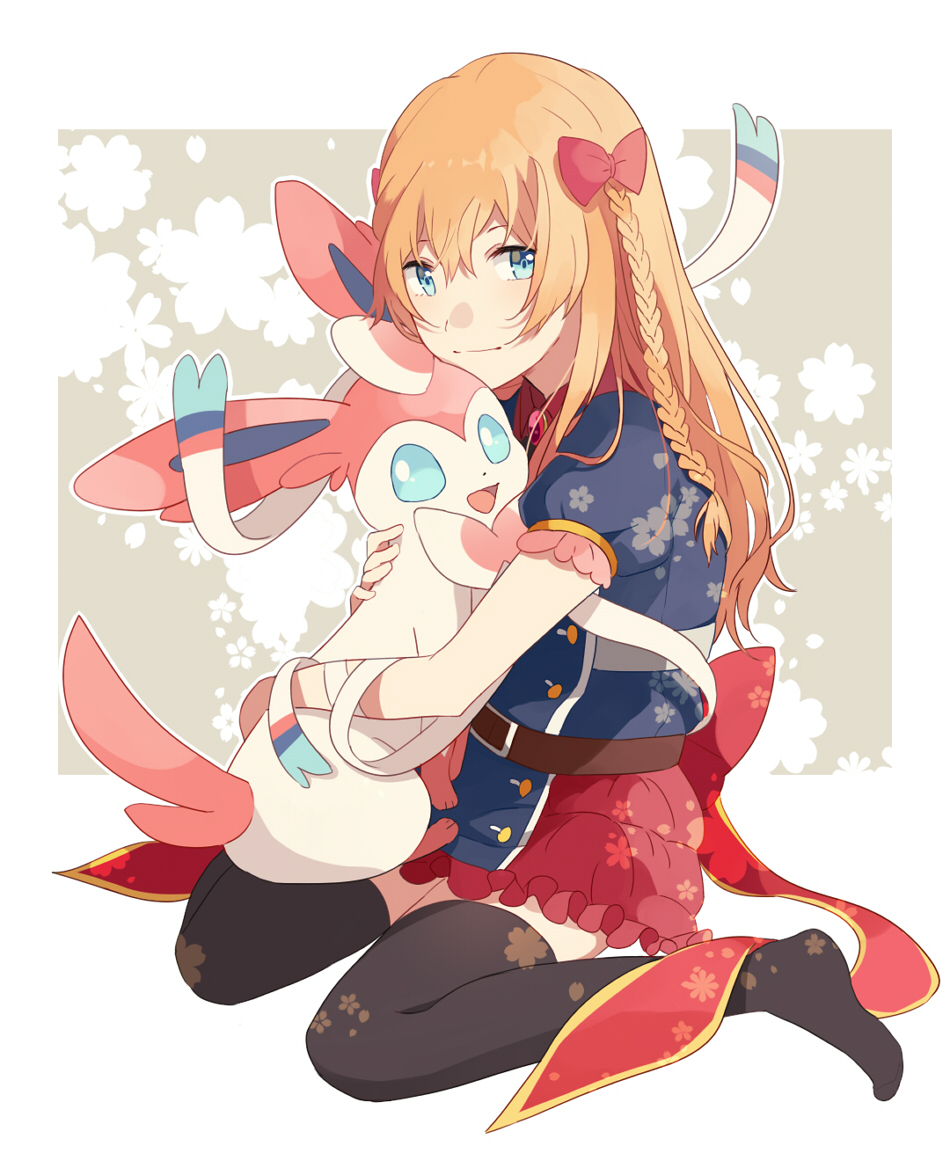 1boy, black_legwear, blonde_hair, blue_eyes, bow, braid, crossover, dress, hair_bow, kiwame_(touken_ranbu), male_focus, midare_toushirou, no_shoes, open_mouth, otoko_no_ko, pokemon, pokemon_(creature), sitting, smile, sylveon, thigh-highs, touken_ranbu, unapoppo, wariza