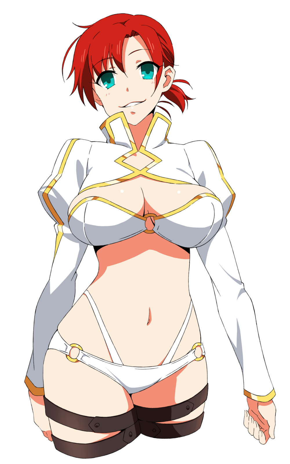 1girl, akitetsu, boudica_(fate/grand_order), breasts, cleavage, commentary_request, cropped_legs, fate/grand_order, fate_(series), green_eyes, grin, highres, juliet_sleeves, large_breasts, long_sleeves, midriff, navel, o-ring_bottom, o-ring_top, ponytail, puffy_sleeves, redhead, short_hair, skindentation, smile, solo, transparent_background