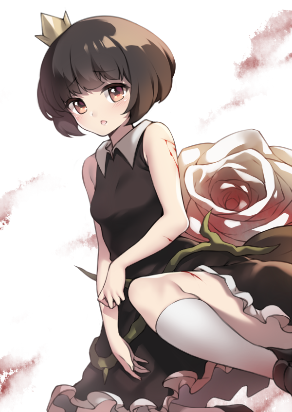 1girl, :o, bangs, black_dress, black_hair, blood, blunt_bangs, blush, breasts, brown_eyes, crown, dress, dutch_angle, eyebrows, eyebrows_visible_through_hair, flower, frilled_dress, frills, fuya_(tempupupu), injury, kneehighs, loafers, looking_at_viewer, open_mouth, plant, rose, rose_(rose_to_tasogare_no_kojou), rose_to_tasogare_no_kojou, shoes, short_hair, sleeveless, sleeveless_dress, small_breasts, solo, squatting, tareme, vines, white_legwear, white_rose