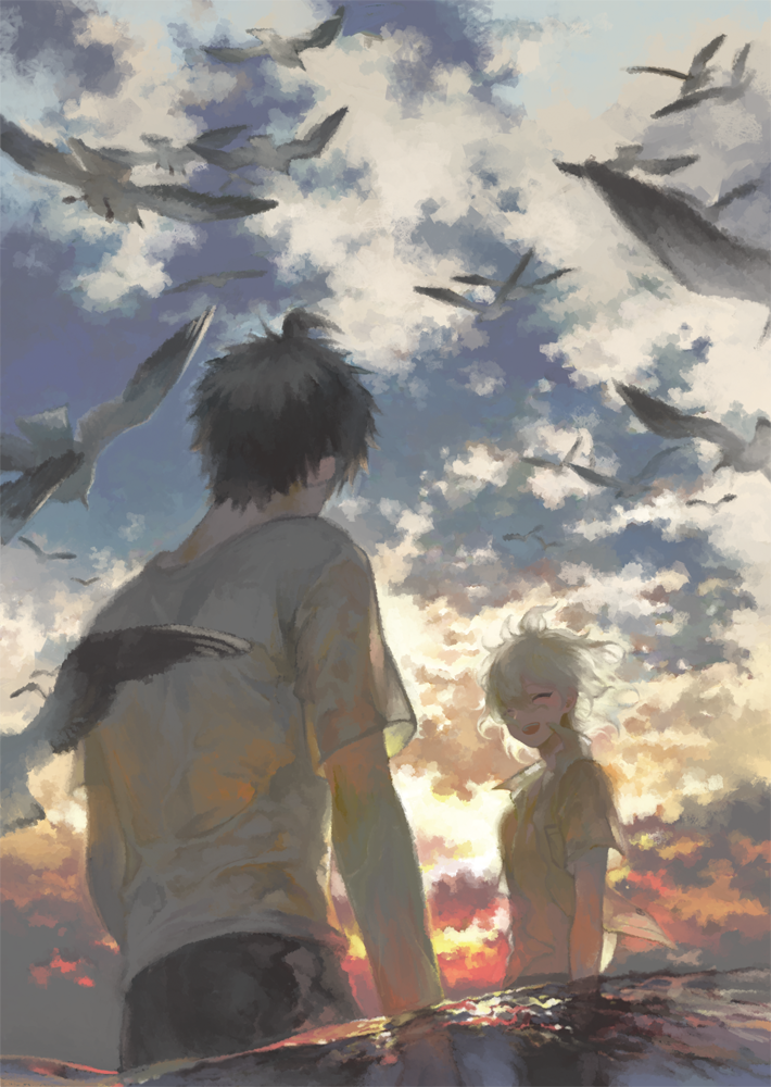 2boys, ahoge, bird, brown_hair, closed_eyes, clouds, dangan_ronpa, dusk, hinata_hajime, komaeda_nagito, male_focus, multiple_boys, ocean, partially_submerged, seagull, smile, sototo, super_dangan_ronpa_2, water, wet, wet_clothes, white_hair