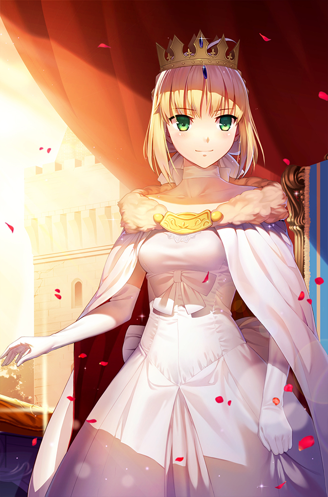 1girl, ahoge, artoria_pendragon_(all), backlighting, blonde_hair, bow, breasts, building