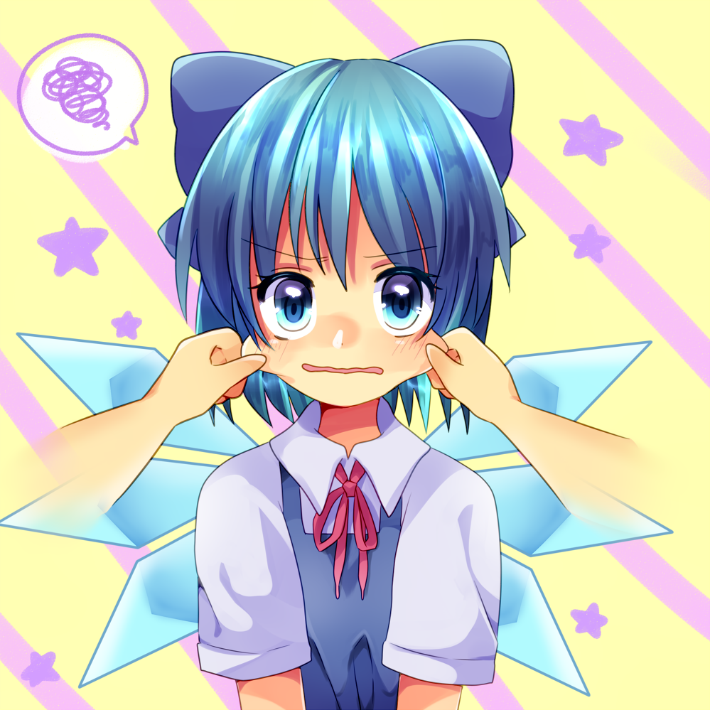 1girl, blue_eyes, blue_hair, bow, cheek_pinching, cheek_pull, cirno, commentary_request, doroshii, hair_bow, ice, ice_wings, looking_at_viewer, neck_ribbon, pinching, pov, red_ribbon, ribbon, short_hair, short_sleeves, solo, spoken_squiggle, squiggle, star, striped, striped_background, touhou, upper_body, wavy_mouth, wings