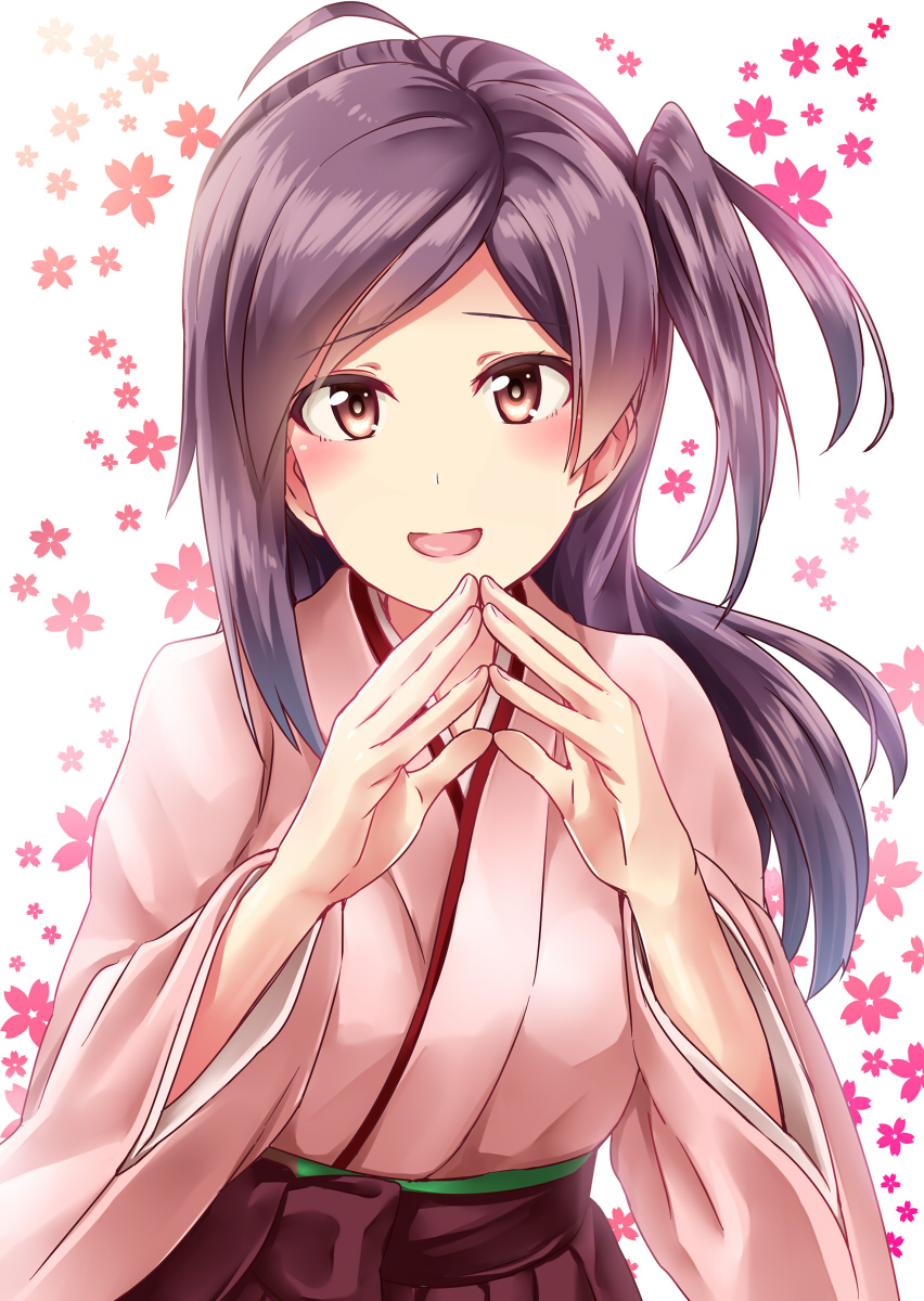 1girl, ahoge, alternate_costume, blush, brown_eyes, cosplay, floral_background, flower