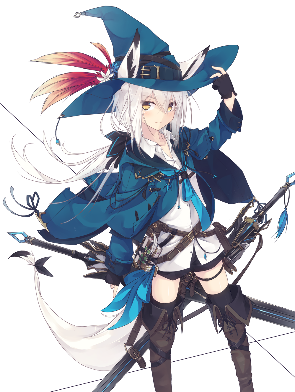 >:), 1girl, adjusting_clothes, adjusting_hat, animal_ears, belt, belt_pouch, black_gloves