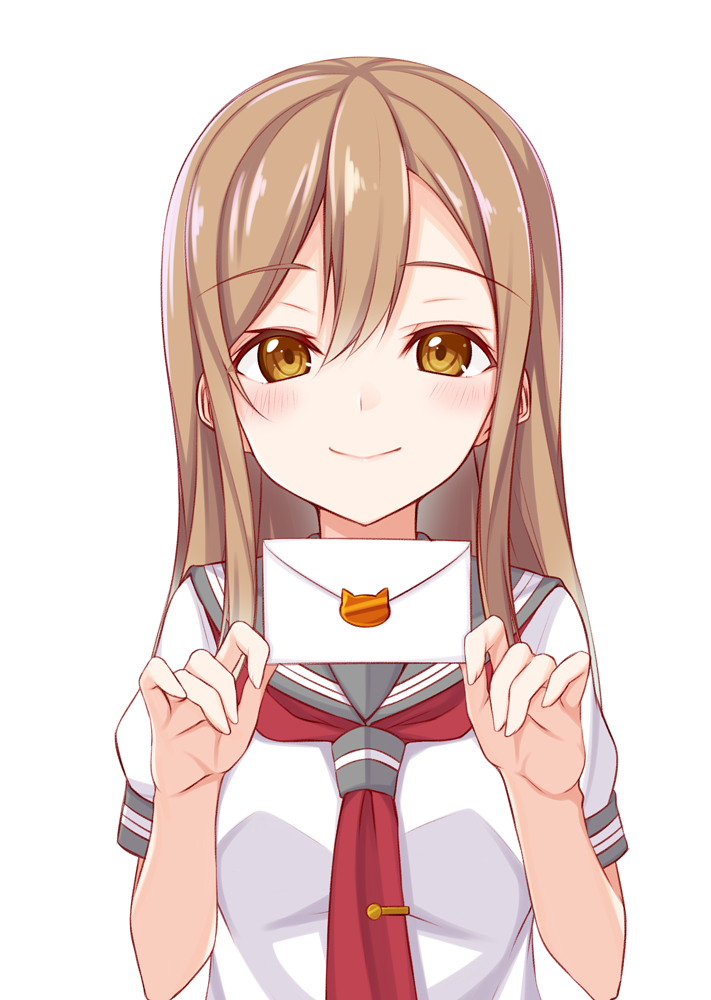 1girl, bangs, blush, brown_eyes, brown_hair, envelope, eyebrows, eyebrows_visible_through_hair