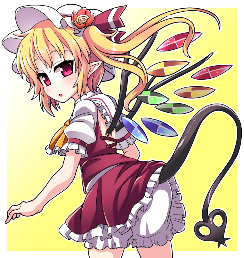 blonde_hair, bloomers, dress, flandre_scarlet, hat, highres, laevatein_(tail), mob_cap