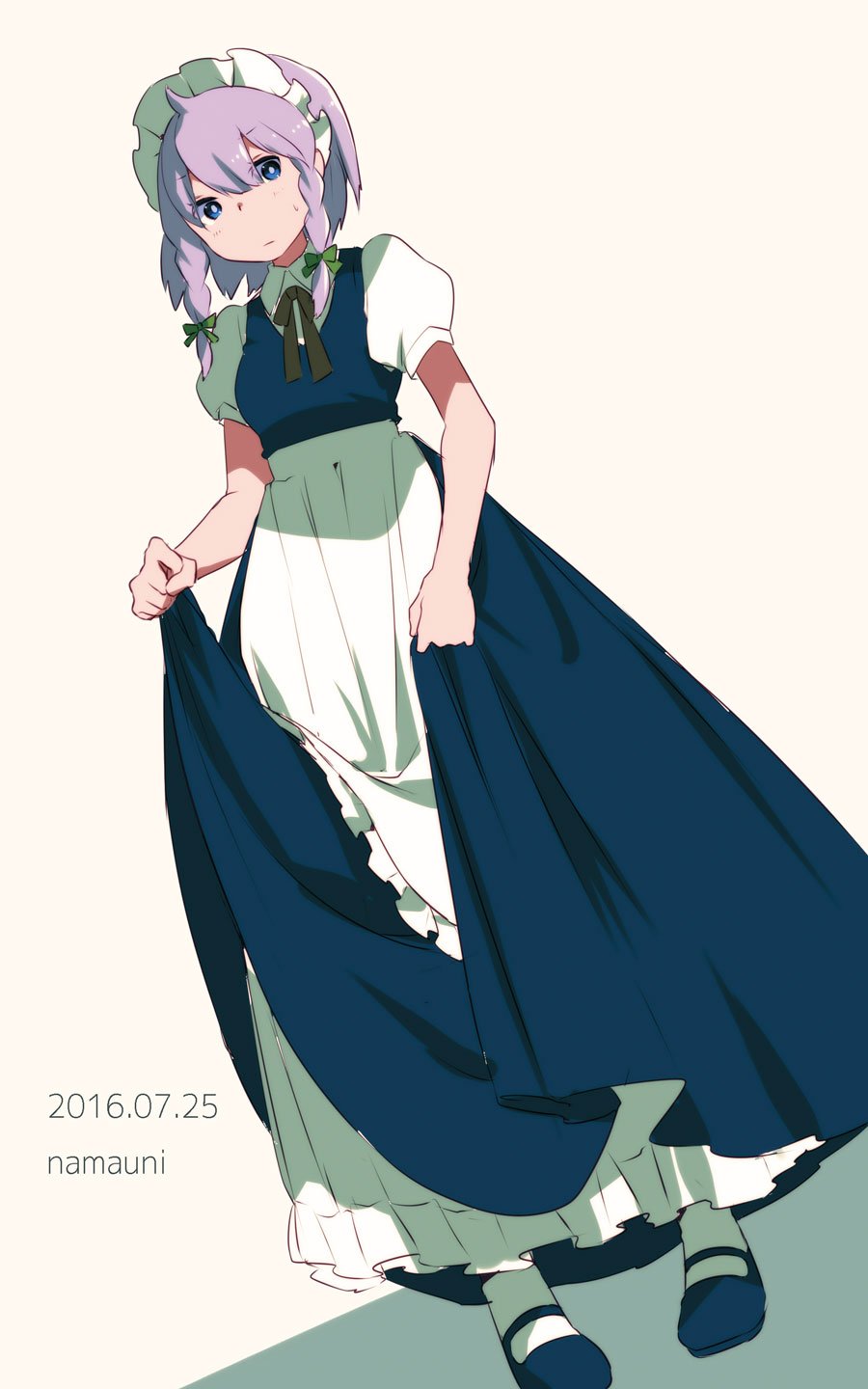 2016, apron, artist_name, bangs, black_ribbon, blue_dress, blue_eyes, braid