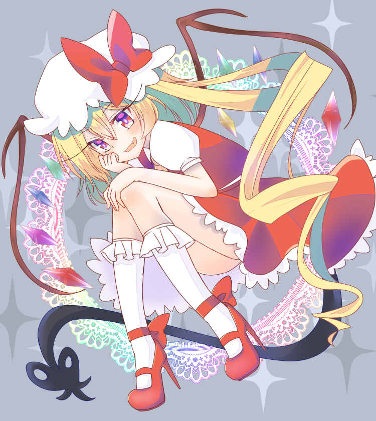 ass, blonde_hair, bow, dress, flandre_scarlet, frilled_legwear, frills, grin, hand_on_own_face, hat, high_heels, laevatein_(tail), mob_cap, red_bow, red_dress, side_ponytail, smile, tail, touhou, white_legwear, wings, ying1hua1