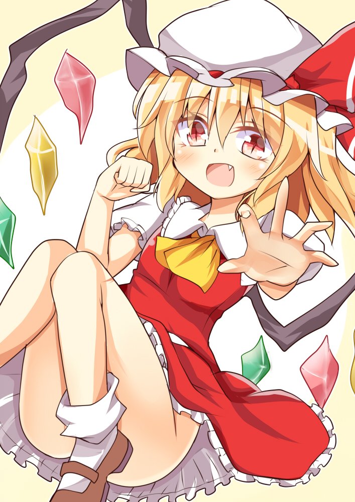 1girl, aki_chimaki, blonde_hair, flandre_scarlet, hat, hat_ribbon, no_panties, open_mouth