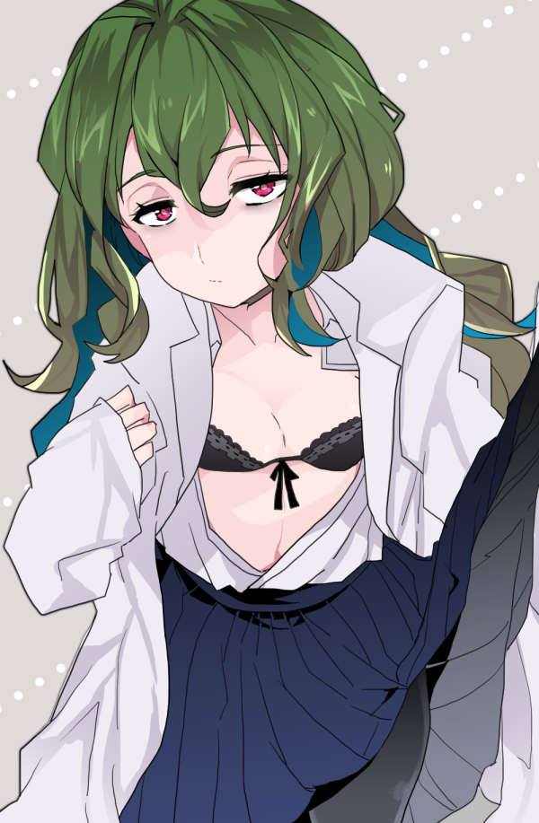1girl, black_bra, blue_skirt, blush, bra, ebifurai, fuwa_hyouka, green_hair