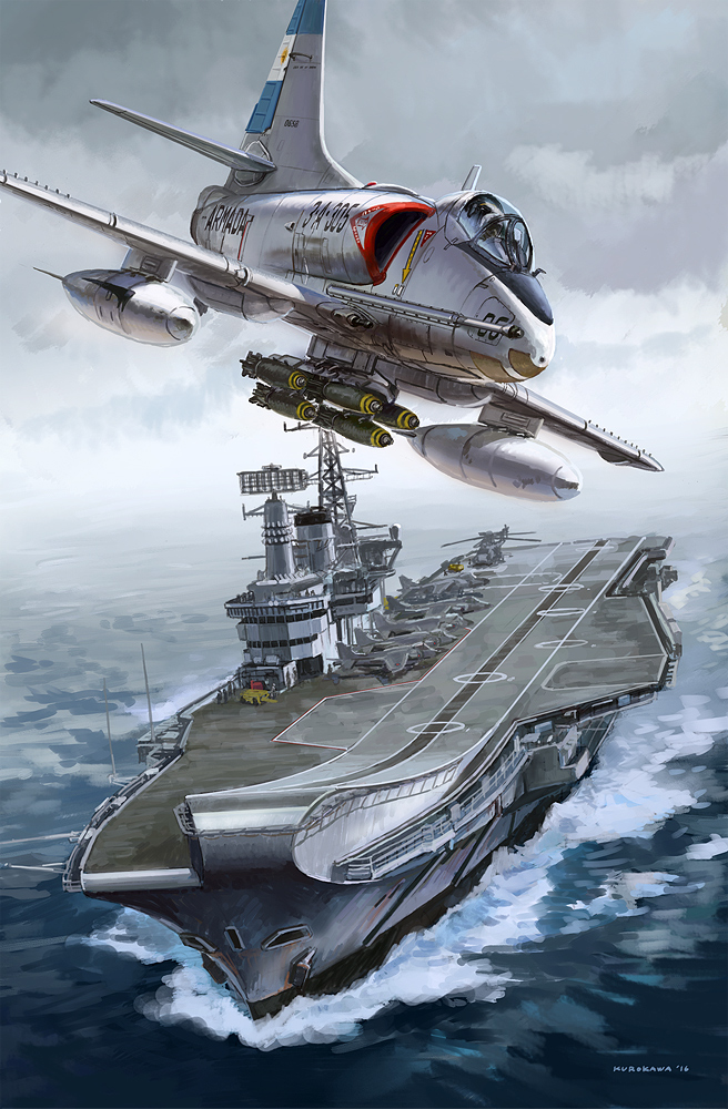 a-4_skyhawk, aircraft, aircraft_carrier, airplane, bomb, dutch_angle, fighter_jet, flying, harrier_jump_jet, helicopter, helmet, jet, kurokawa_takeshi, military, military_vehicle, ocean, pilot, ship, warship, watercraft