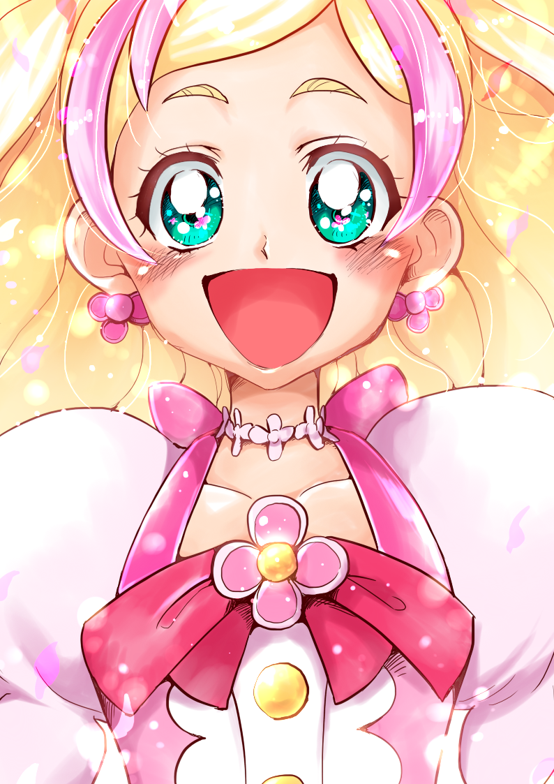 1girl, aqua_eyes, blonde_hair, choker, cure_flora, dress, earrings, go!_princess_precure, haruno_haruka, jewelry, multicolored_hair, open_mouth, pink_dress, pink_hair, precure, smile, solo, two-tone_hair, upper_body, wagashiwagashi