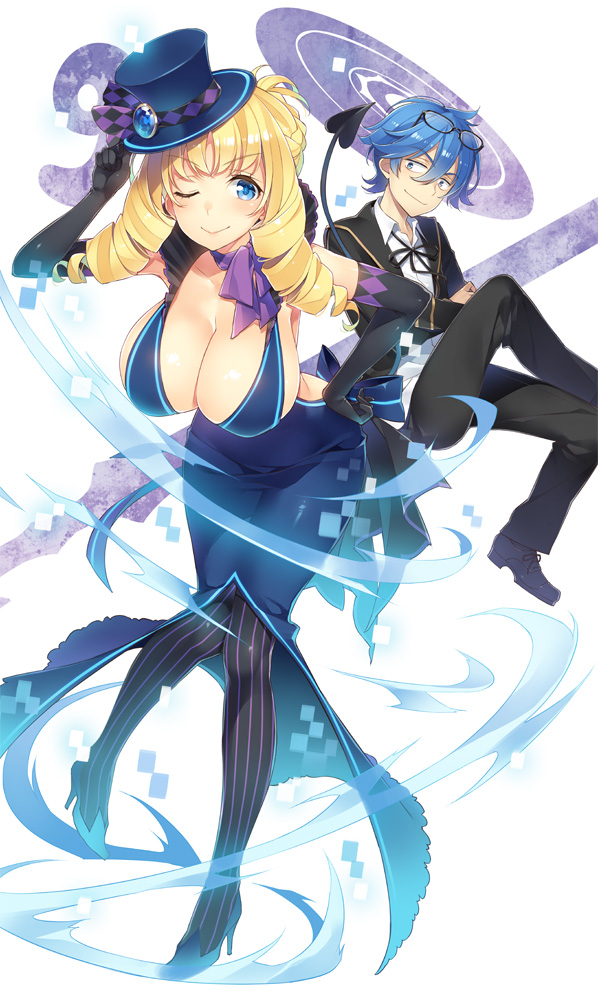 >;), 1boy, 1girl, blue_dress, blue_eyes, blue_hair, blue_shoes, braid