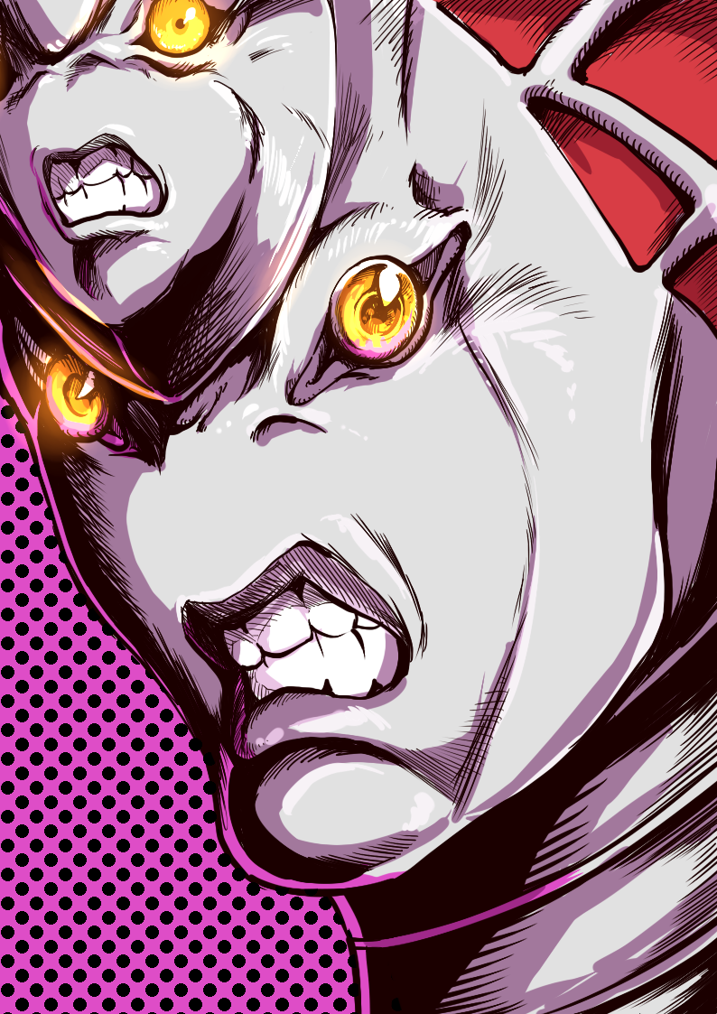 angry, clenched_teeth, face, glowing, glowing_eyes, jojo_no_kimyou_na_bouken, king_crimson_(stand), no_humans