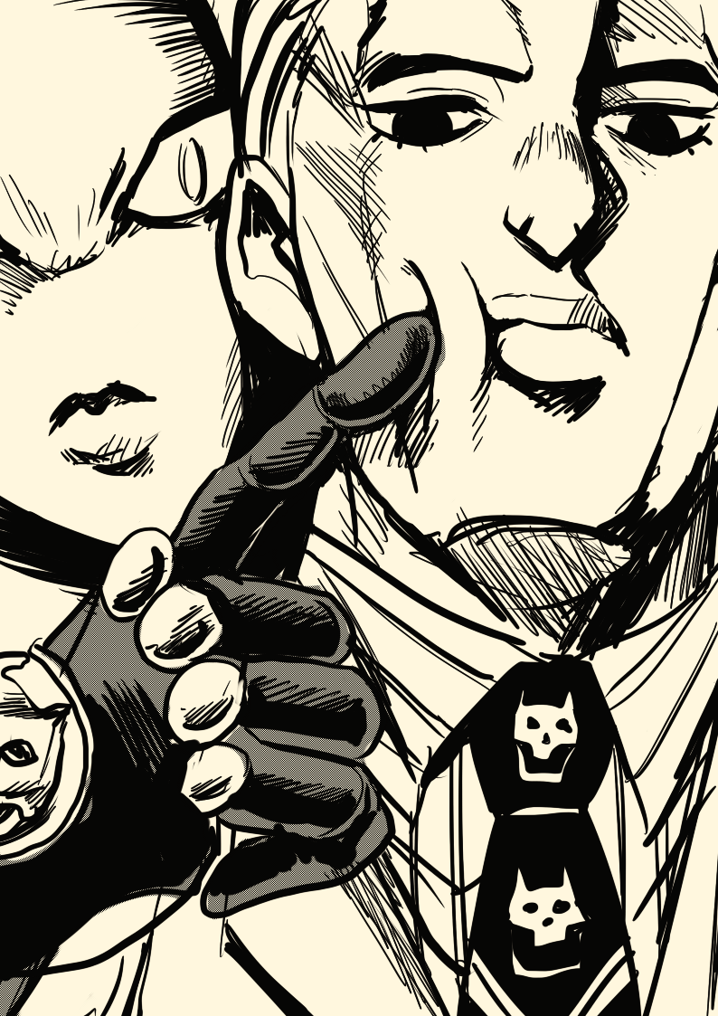 1boy, cheek_poking, crosshatching, formal, greyscale, jojo_no_kimyou_na_bouken, kawajiri_kousaku, killer_queen