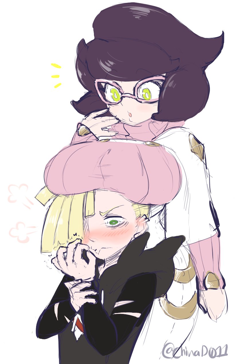 /\/\/\, 1boy, 1girl, artist_name, bangs, black_hair, blonde_hair, blush