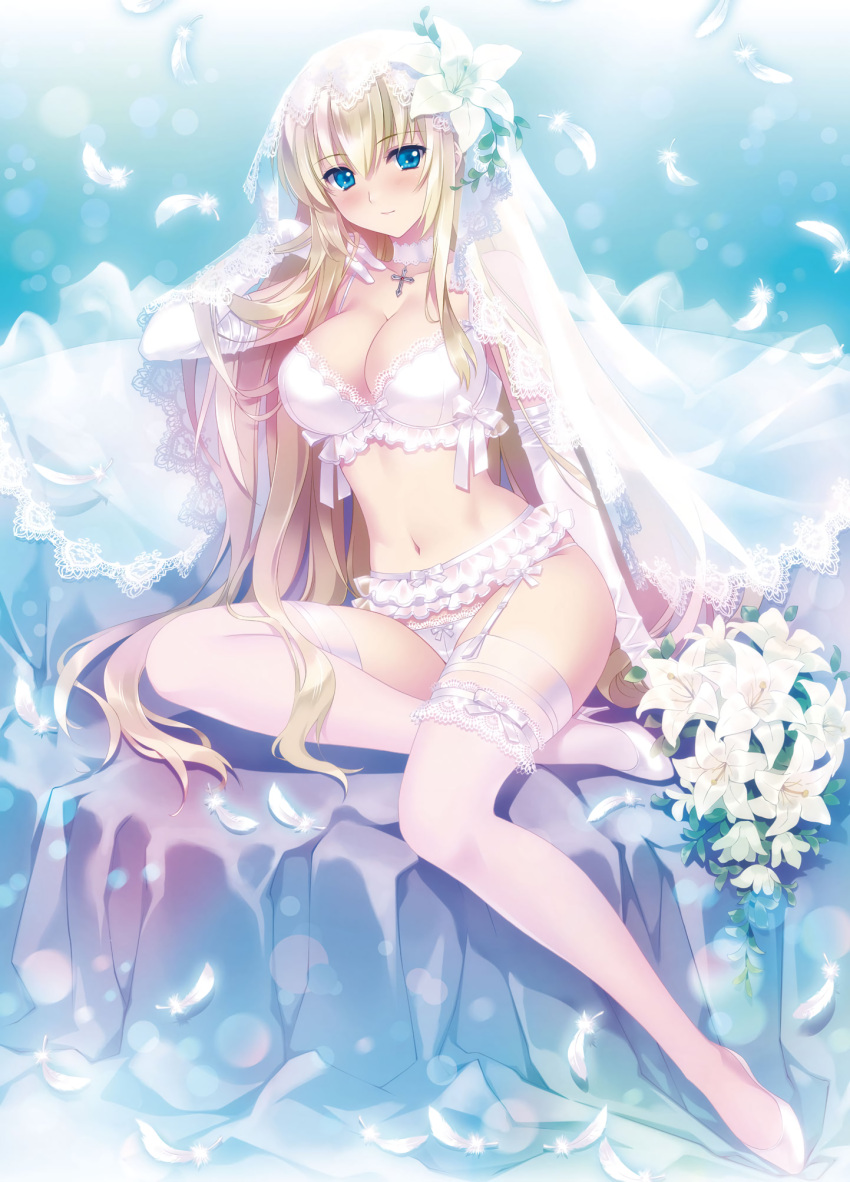 1girl, blonde_hair, blue_eyes, blush, bow, bow_panties, bra, breasts, bridal_veil, carnelian, choker, cleavage, elbow_gloves, feathers, flower, full_body, garter_belt, garter_straps, gloves, hair_over_breasts, high_heels, highres, irisdina_bernhard, lace, lace-trimmed_bra, lace-trimmed_panties, lace-trimmed_veil, lace_trim, large_breasts, leg_garter, light_smile, long_hair, looking_at_viewer, muvluv, muvluv_alternative, navel, panties, rosary, schwarzesmarken, sidelocks, sitting, solo, string_panties, thigh-highs, underwear, underwear_only, veil, very_long_hair, white_bra, white_gloves, white_legwear, white_panties